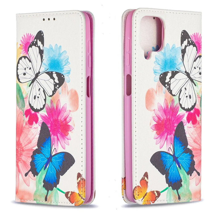 Auto-absorbed Stylish Patterned PU Leather Wallet Case for Samsung Galaxy A12 - Two Butterflies - 2