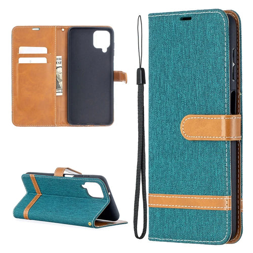 Case for Samsung Galaxy A12 Color Splicing Jeans Cloth Skin Wallet Leather Phone Cover - Green - 1