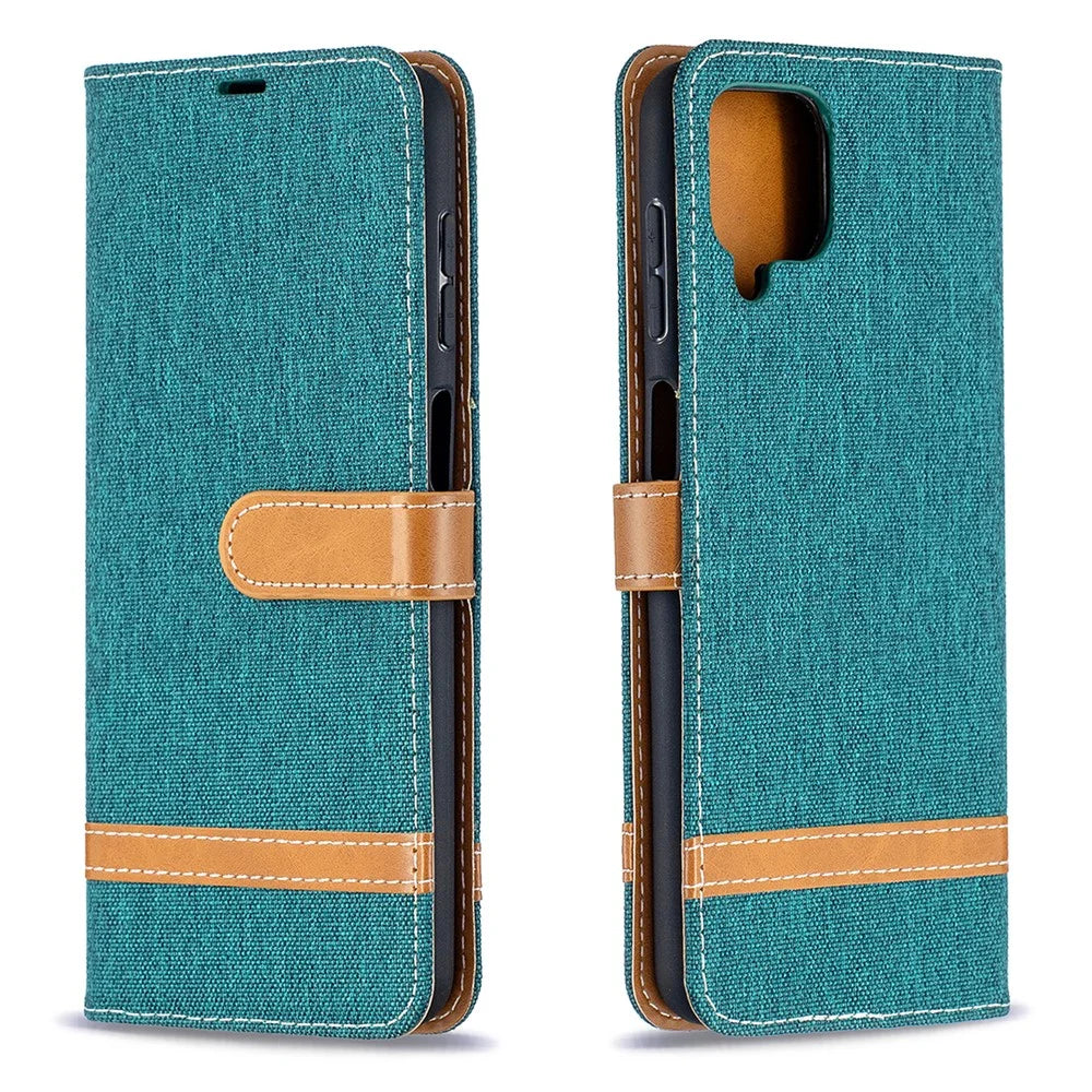 Case for Samsung Galaxy A12 Color Splicing Jeans Cloth Skin Wallet Leather Phone Cover - Green - 2