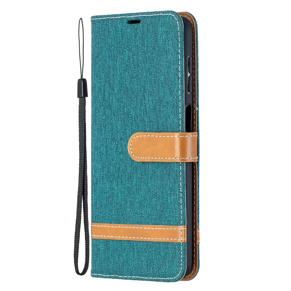 Case for Samsung Galaxy A12 Color Splicing Jeans Cloth Skin Wallet Leather Phone Cover - Green - 3