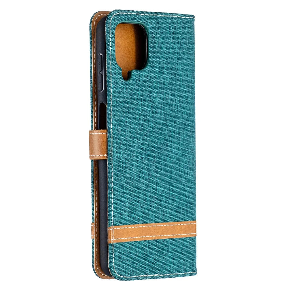 Case for Samsung Galaxy A12 Color Splicing Jeans Cloth Skin Wallet Leather Phone Cover - Green - 4