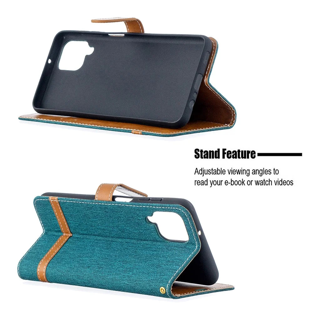 Case for Samsung Galaxy A12 Color Splicing Jeans Cloth Skin Wallet Leather Phone Cover - Green - 5