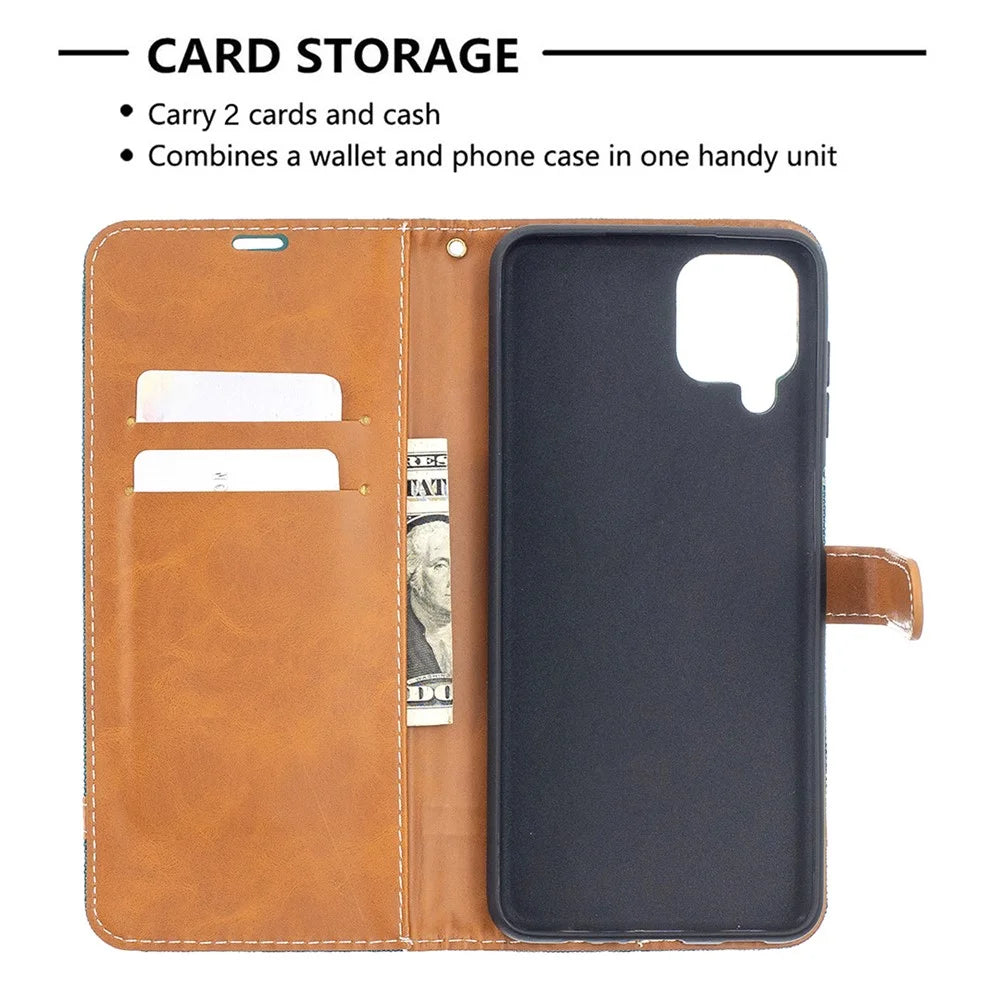 Case for Samsung Galaxy A12 Color Splicing Jeans Cloth Skin Wallet Leather Phone Cover - Green - 6