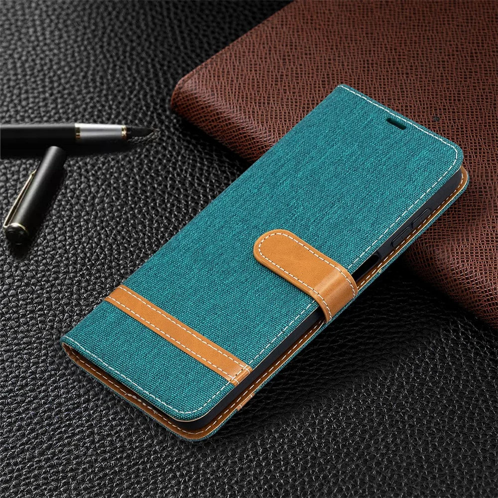 Case for Samsung Galaxy A12 Color Splicing Jeans Cloth Skin Wallet Leather Phone Cover - Green - 7
