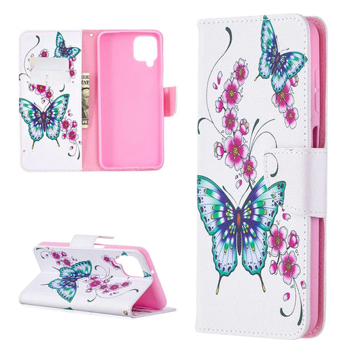 Pattern Printing Wallet Stand Flip Leather Phone Shell for Samsung Galaxy A12 - Flowers and Butterflies - 1