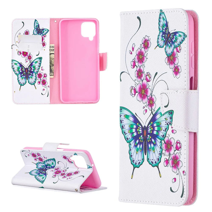 Pattern Printing Wallet Stand Flip Leather Phone Shell for Samsung Galaxy A12 - Flowers and Butterflies - 1