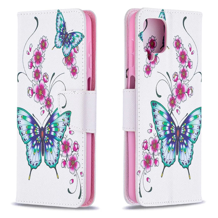 Pattern Printing Wallet Stand Flip Leather Phone Shell for Samsung Galaxy A12 - Flowers and Butterflies - 2