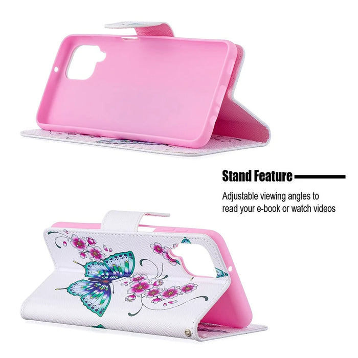 Pattern Printing Wallet Stand Flip Leather Phone Shell for Samsung Galaxy A12 - Flowers and Butterflies - 5