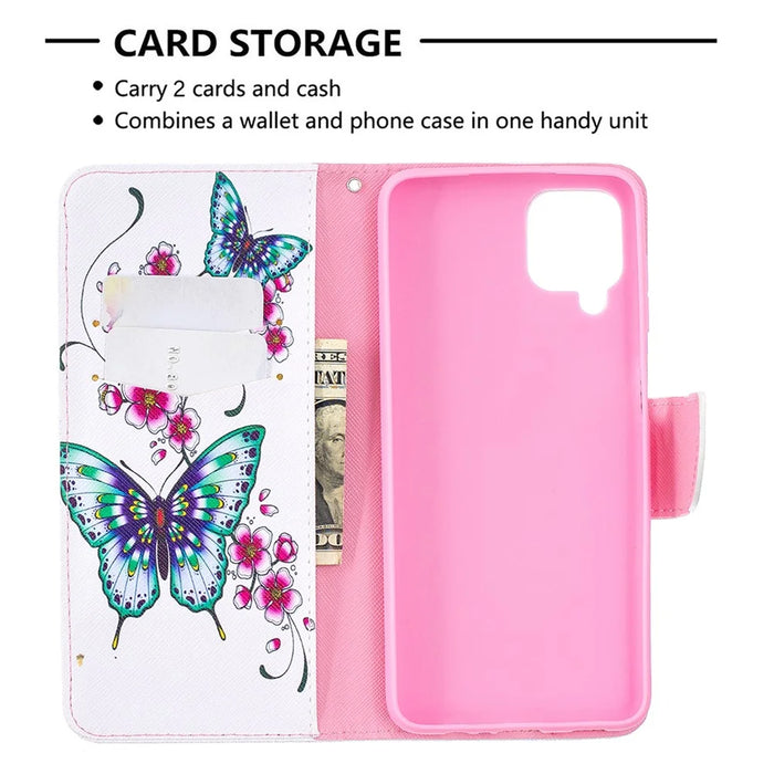 Pattern Printing Wallet Stand Flip Leather Phone Shell for Samsung Galaxy A12 - Flowers and Butterflies - 6
