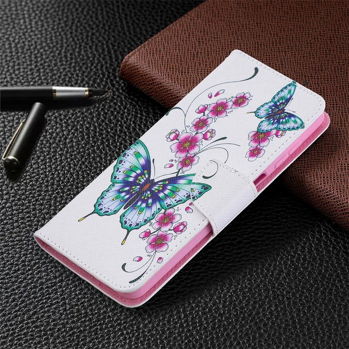 Pattern Printing Wallet Stand Flip Leather Phone Shell for Samsung Galaxy A12 - Flowers and Butterflies - 7