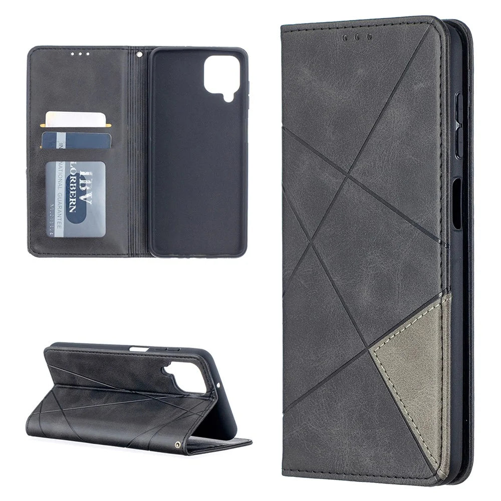For Samsung Galaxy A12 Geometric Pattern Leather Stand Case Card Holder Shell - Black - 1