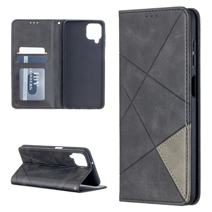 For Samsung Galaxy A12 Geometric Pattern Leather Stand Case Card Holder Shell - Black - 1
