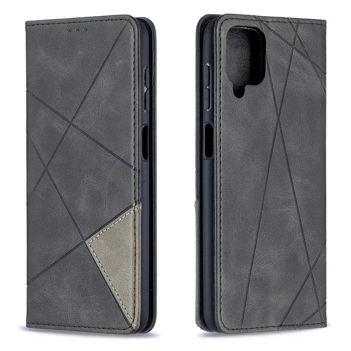 For Samsung Galaxy A12 Geometric Pattern Leather Stand Case Card Holder Shell - Black - 2
