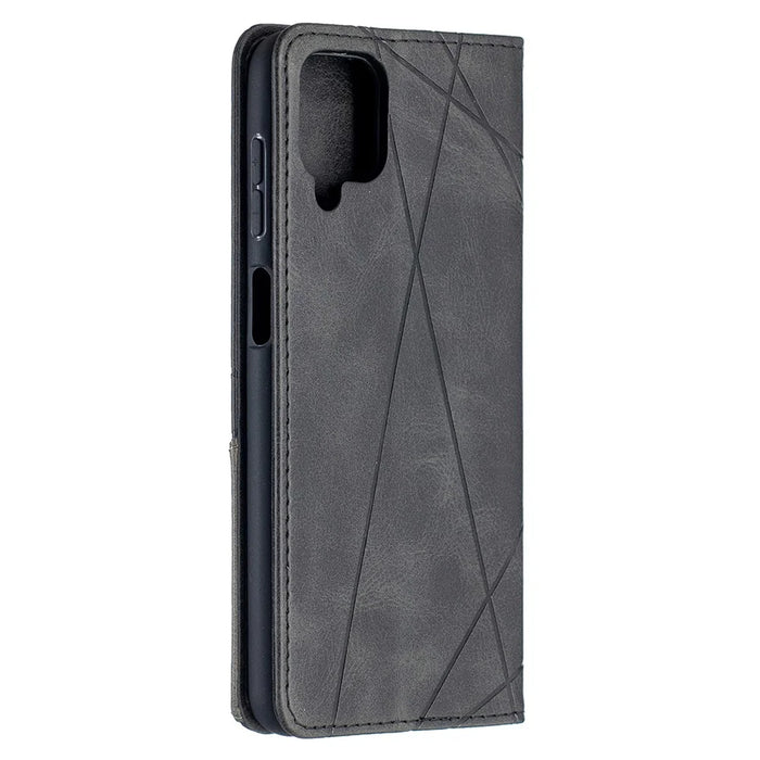 For Samsung Galaxy A12 Geometric Pattern Leather Stand Case Card Holder Shell - Black - 4