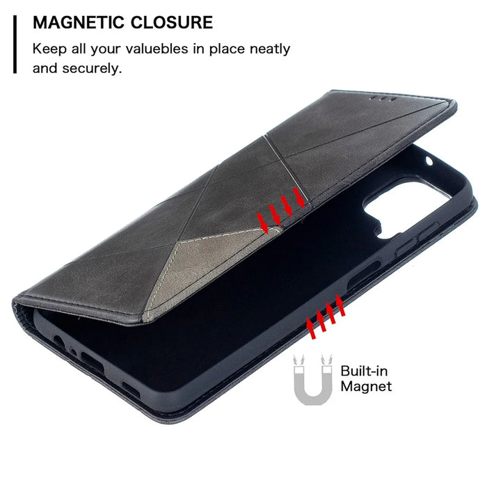 For Samsung Galaxy A12 Geometric Pattern Leather Stand Case Card Holder Shell - Black - 6
