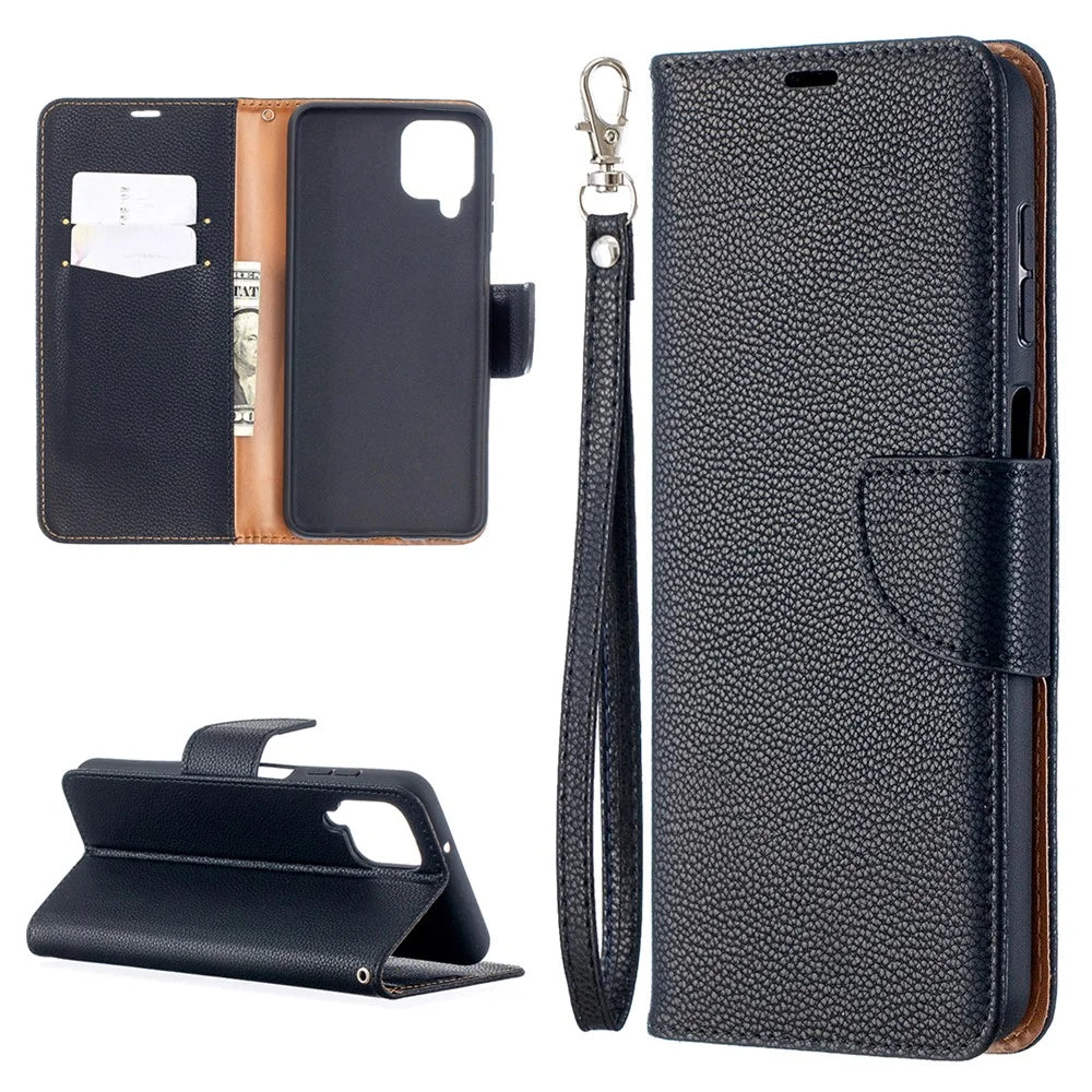Litchi Skin Wallet Pure Color Phone Case for Samsung Galaxy A12 - Black - 1
