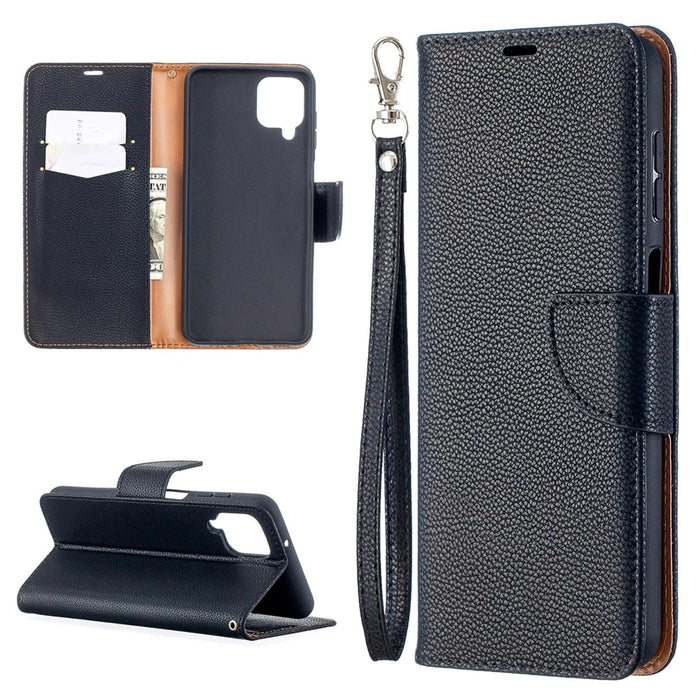 Litchi Skin Wallet Pure Color Phone Case for Samsung Galaxy A12 - Black - 1