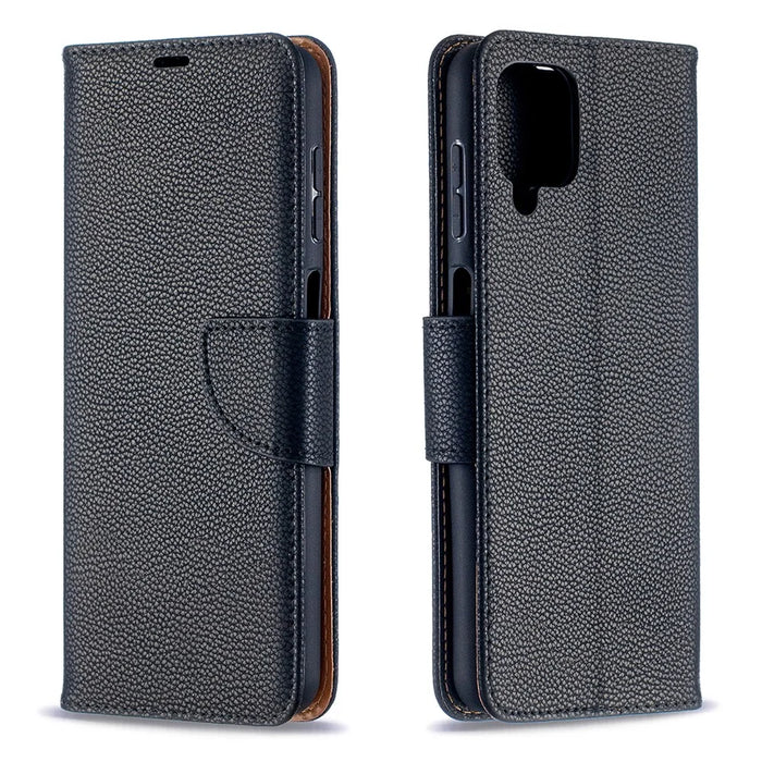 Litchi Skin Wallet Pure Color Phone Case for Samsung Galaxy A12 - Black - 2