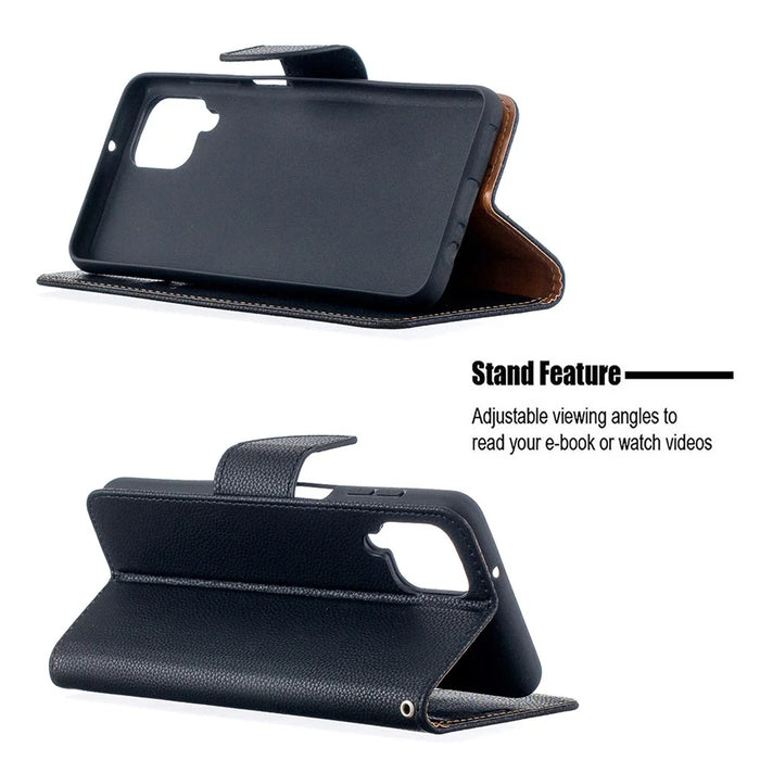Litchi Skin Wallet Pure Color Phone Case for Samsung Galaxy A12 - Black - 5