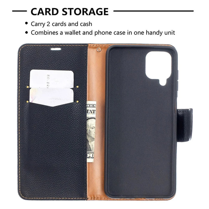 Litchi Skin Wallet Pure Color Phone Case for Samsung Galaxy A12 - Black - 6