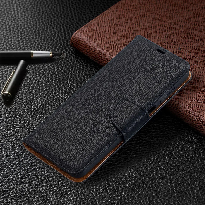 Litchi Skin Wallet Pure Color Phone Case for Samsung Galaxy A12 - Black - 7