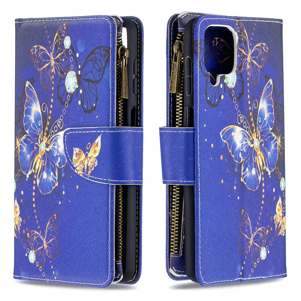 BF03 Pattern Printing Zipper Wallet Leather Phone Cover for Samsung Galaxy A12 - Gold Butterfly - 2
