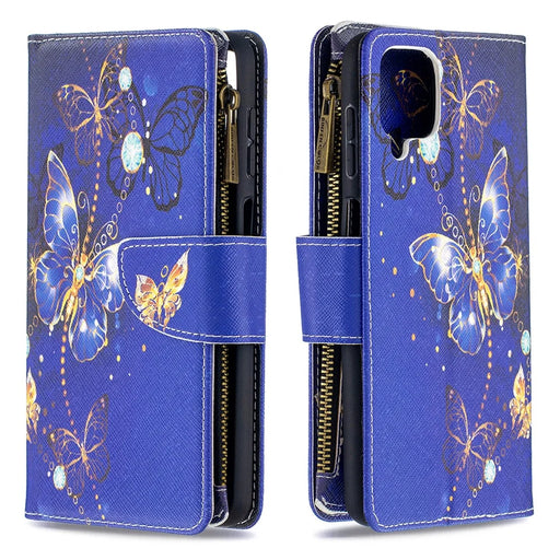 BF03 Pattern Printing Zipper Wallet Leather Phone Cover for Samsung Galaxy A12 - Gold Butterfly - 2