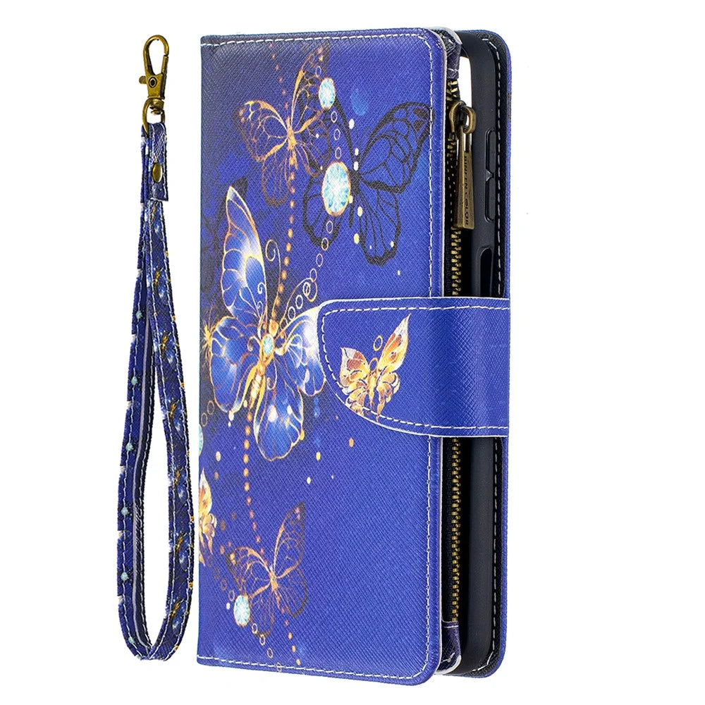 BF03 Pattern Printing Zipper Wallet Leather Phone Cover for Samsung Galaxy A12 - Gold Butterfly - 3