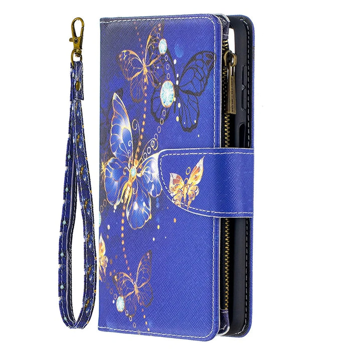 BF03 Pattern Printing Zipper Wallet Leather Phone Cover for Samsung Galaxy A12 - Gold Butterfly - 3