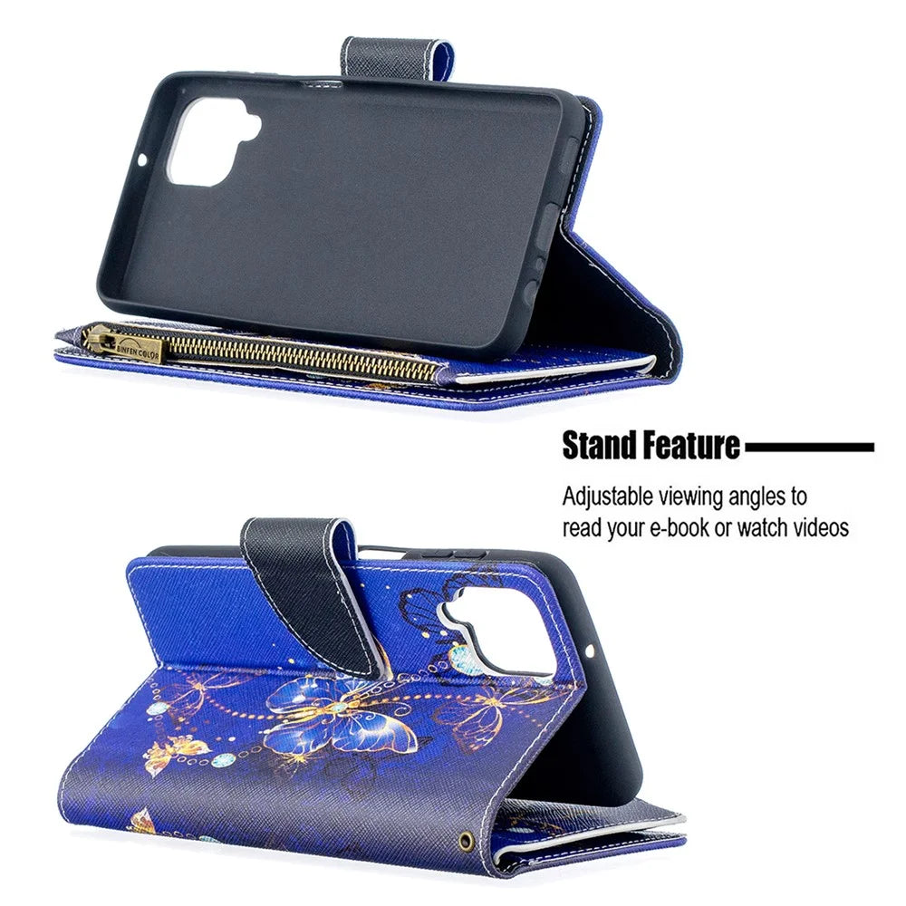 BF03 Pattern Printing Zipper Wallet Leather Phone Cover for Samsung Galaxy A12 - Gold Butterfly - 5