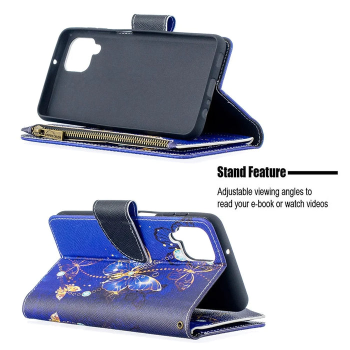 BF03 Pattern Printing Zipper Wallet Leather Phone Cover for Samsung Galaxy A12 - Gold Butterfly - 5