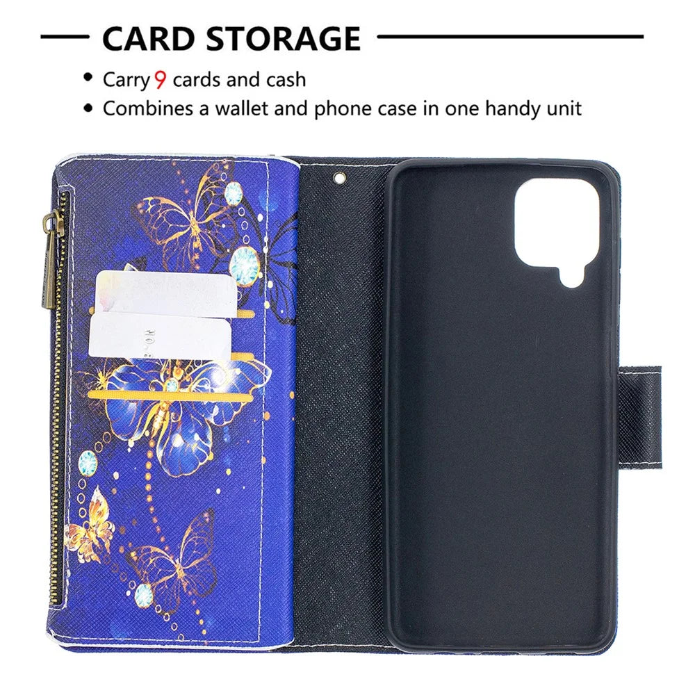 BF03 Pattern Printing Zipper Wallet Leather Phone Cover for Samsung Galaxy A12 - Gold Butterfly - 6