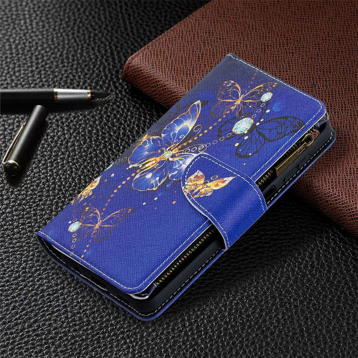 BF03 Pattern Printing Zipper Wallet Leather Phone Cover for Samsung Galaxy A12 - Gold Butterfly - 7