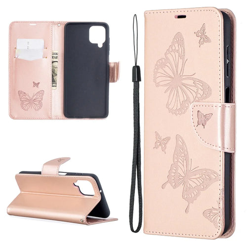 Imprint Butterflies Wallet Stand Flip Leather Phone Cover for Samsung Galaxy A12 - Rose Gold - 1