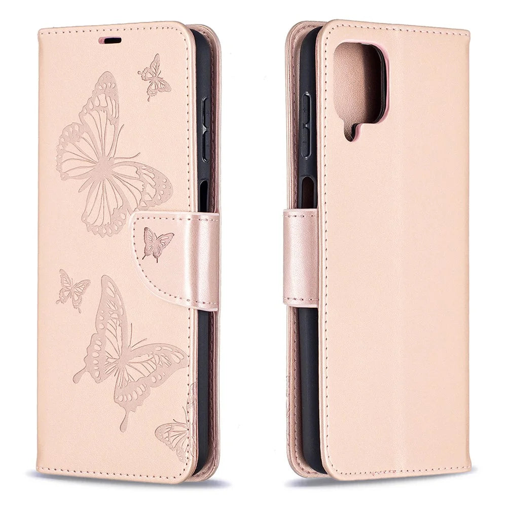 Imprint Butterflies Wallet Stand Flip Leather Phone Cover for Samsung Galaxy A12 - Rose Gold - 2