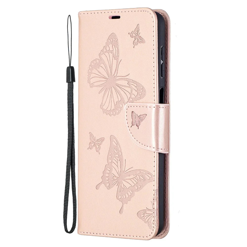 Imprint Butterflies Wallet Stand Flip Leather Phone Cover for Samsung Galaxy A12 - Rose Gold - 3