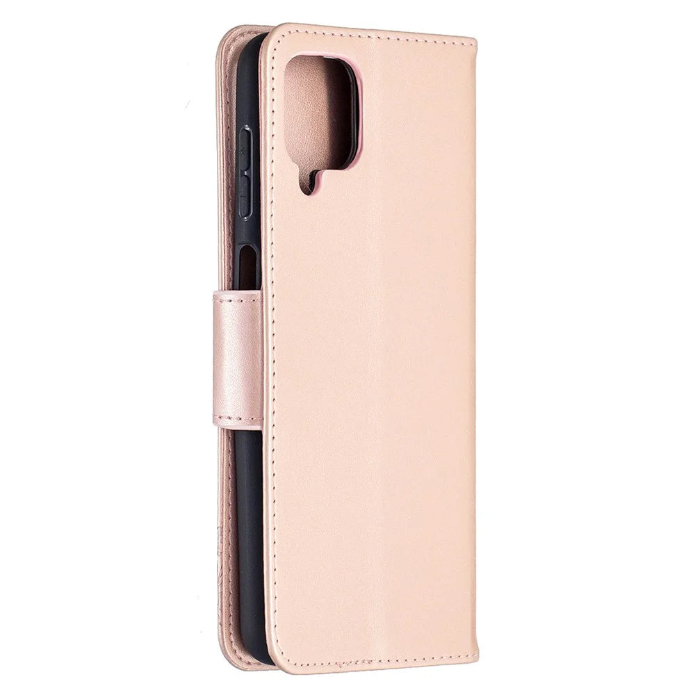 Imprint Butterflies Wallet Stand Flip Leather Phone Cover for Samsung Galaxy A12 - Rose Gold - 4
