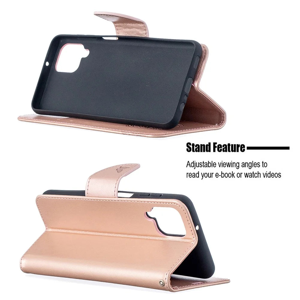 Imprint Butterflies Wallet Stand Flip Leather Phone Cover for Samsung Galaxy A12 - Rose Gold - 5
