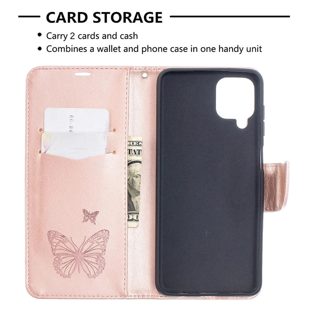 Imprint Butterflies Wallet Stand Flip Leather Phone Cover for Samsung Galaxy A12 - Rose Gold - 6