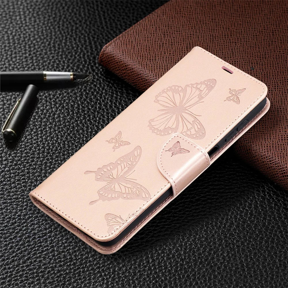Imprint Butterflies Wallet Stand Flip Leather Phone Cover for Samsung Galaxy A12 - Rose Gold - 7
