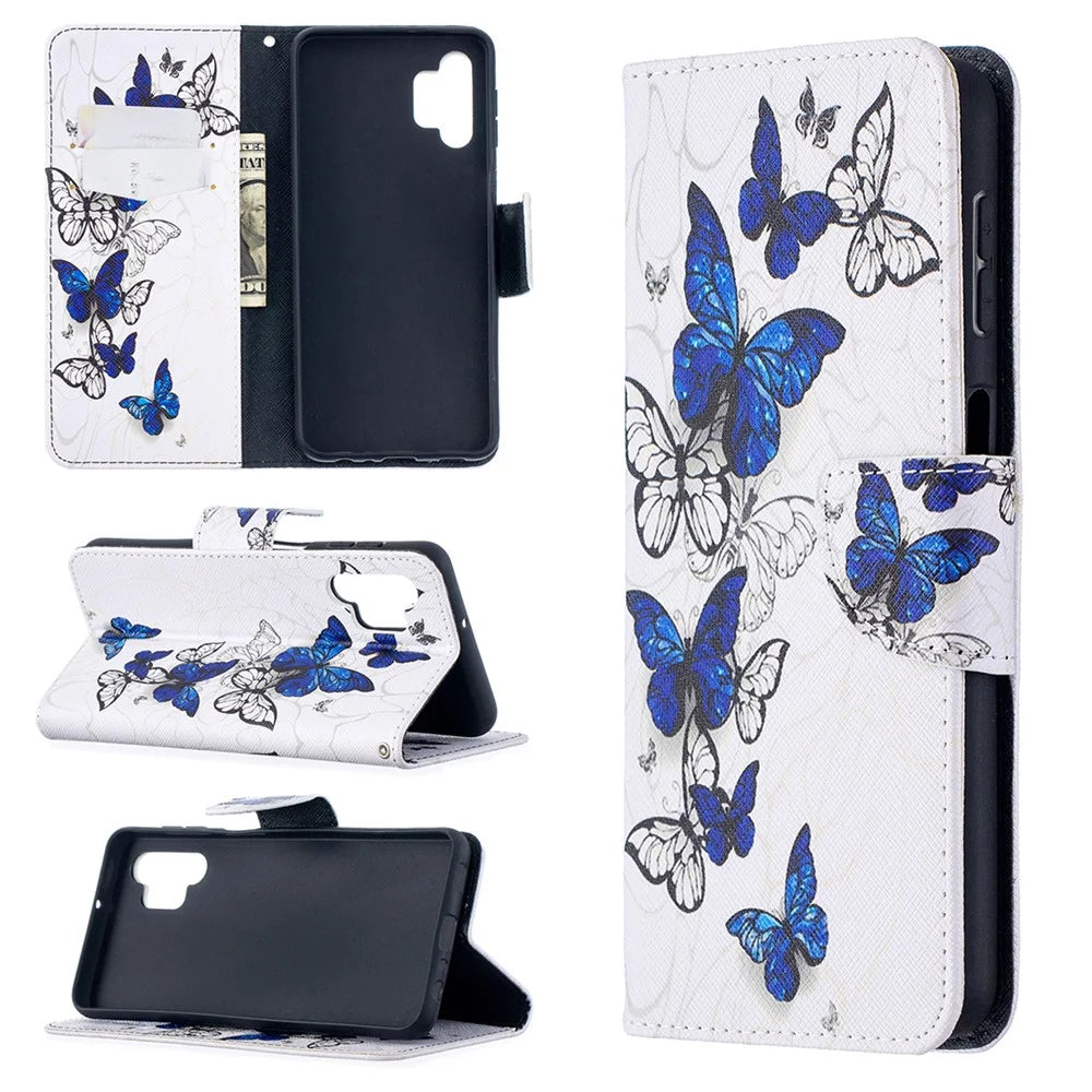 Pattern Printing Wallet Stand Flip Leather Phone Cover for Samsung Galaxy A32 5G / M32 5G - Blue Butterflies - 1
