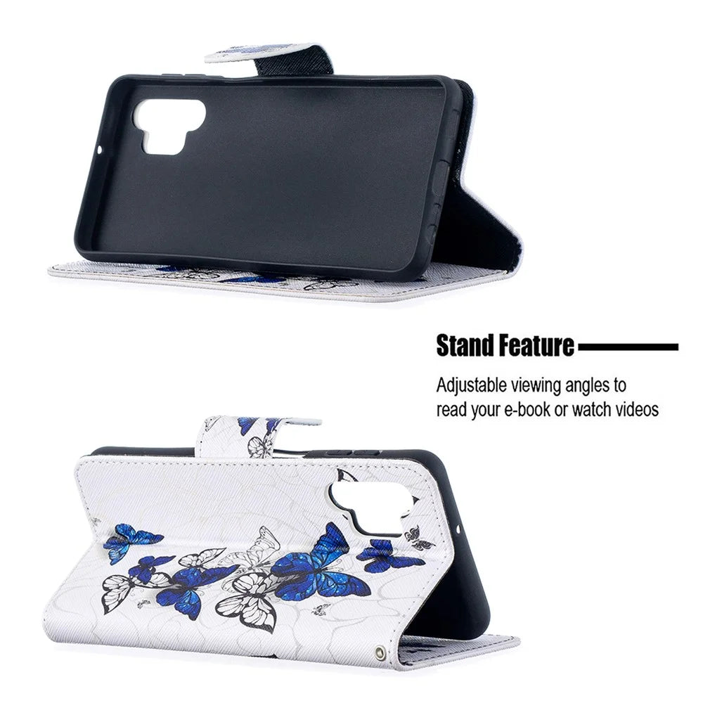 Pattern Printing Wallet Stand Flip Leather Phone Cover for Samsung Galaxy A32 5G / M32 5G - Blue Butterflies - 2