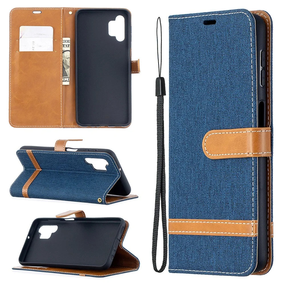 Case for Samsung Galaxy A32 5G / M32 5G Color Splicing Jeans Cloth Surface Wallet Leather Phone Cover - Dark Blue - 1