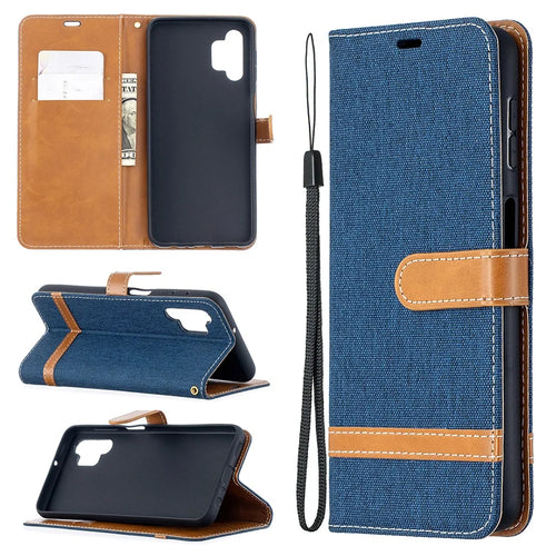 Case for Samsung Galaxy A32 5G / M32 5G Color Splicing Jeans Cloth Surface Wallet Leather Phone Cover - Dark Blue - 1