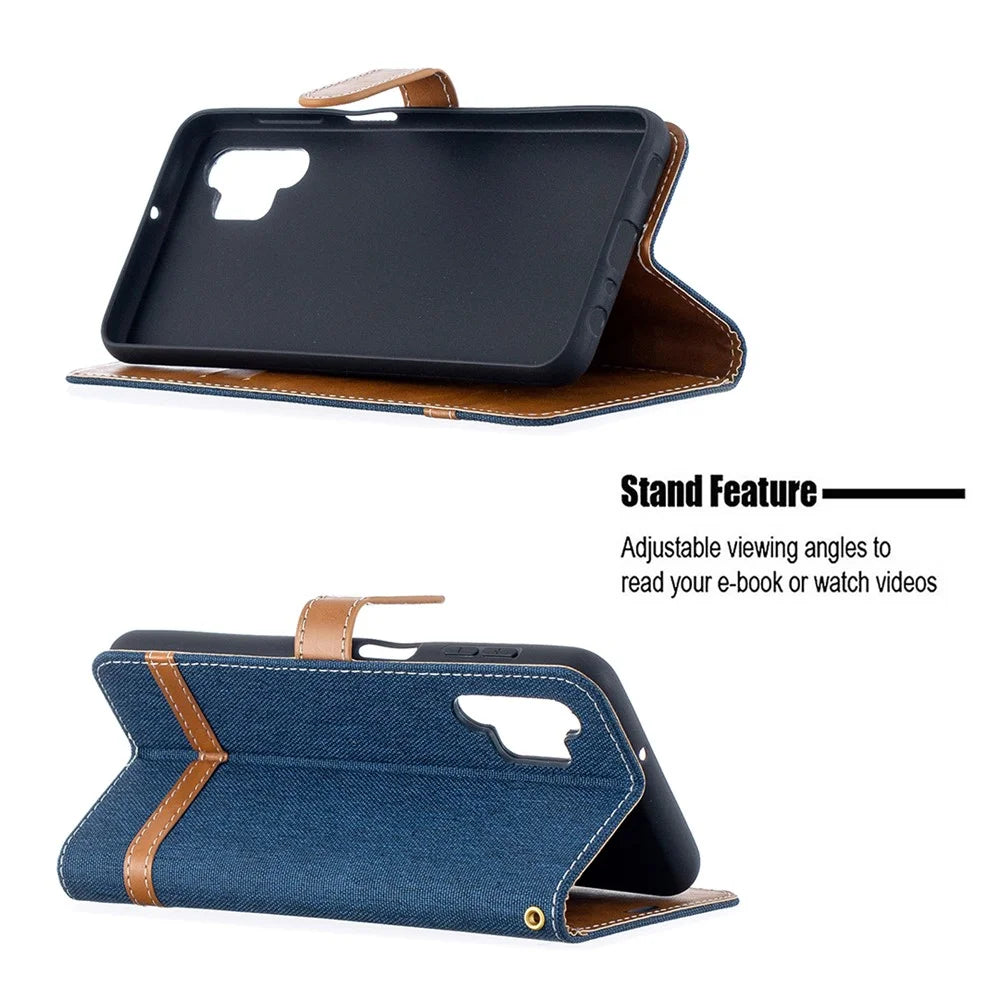 Case for Samsung Galaxy A32 5G / M32 5G Color Splicing Jeans Cloth Surface Wallet Leather Phone Cover - Dark Blue - 2
