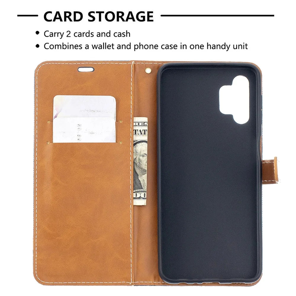 Case for Samsung Galaxy A32 5G / M32 5G Color Splicing Jeans Cloth Surface Wallet Leather Phone Cover - Dark Blue - 3