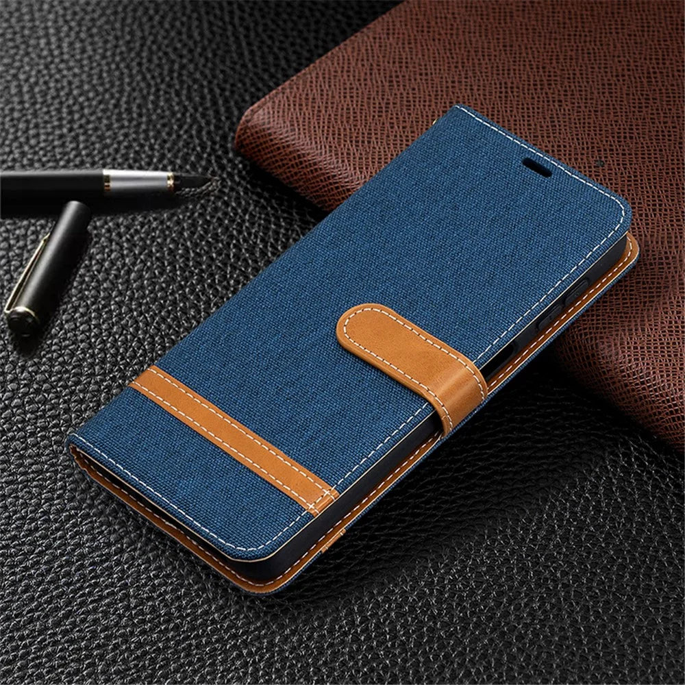 Case for Samsung Galaxy A32 5G / M32 5G Color Splicing Jeans Cloth Surface Wallet Leather Phone Cover - Dark Blue - 4