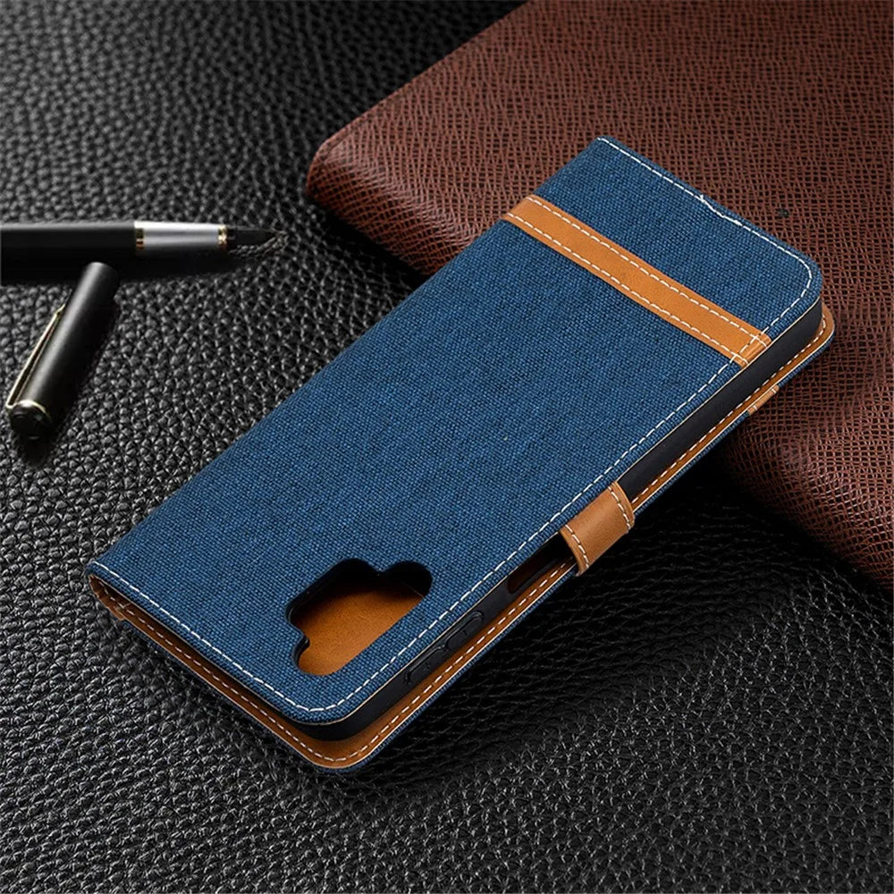 Case for Samsung Galaxy A32 5G / M32 5G Color Splicing Jeans Cloth Surface Wallet Leather Phone Cover - Dark Blue - 5