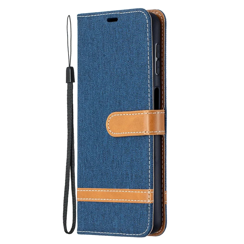 Case for Samsung Galaxy A32 5G / M32 5G Color Splicing Jeans Cloth Surface Wallet Leather Phone Cover - Dark Blue - 6