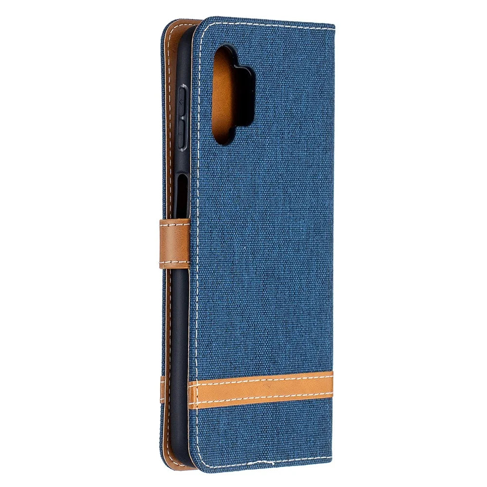 Case for Samsung Galaxy A32 5G / M32 5G Color Splicing Jeans Cloth Surface Wallet Leather Phone Cover - Dark Blue - 7